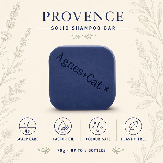 Provence Solid Shampoo Bar infographic showing scalp care, castor oil, colour-safe and plastic-free benefits
