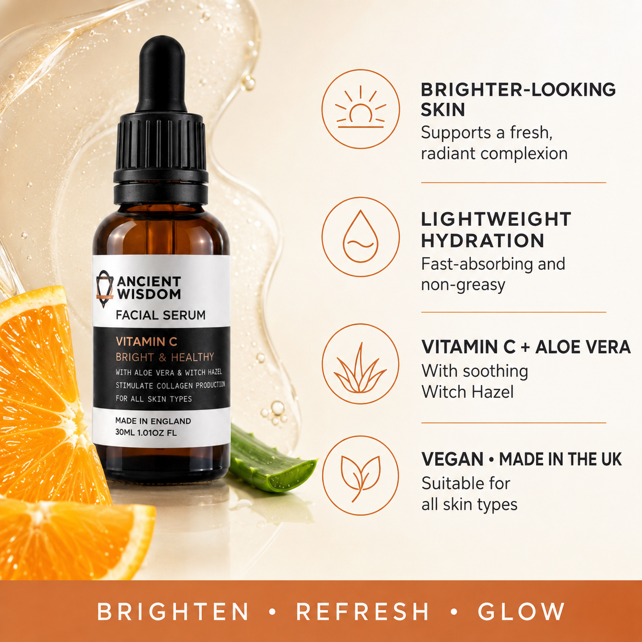 Ancient Wisdom Vitamin C Facial Serum in an amber glass dropper bottle, presented on a light cream background with graphic elements of sliced orange, aloe vera, and text highlighting key benefits.