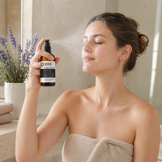 Woman applying Lavender and Witch Hazel facial toner mist after cleansing with her eyes closed