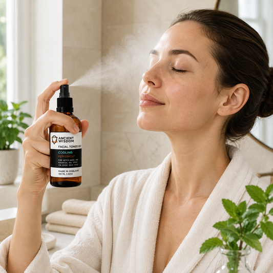Woman applying Peppermint and Witch Hazel cooling facial toner mist after cleansing