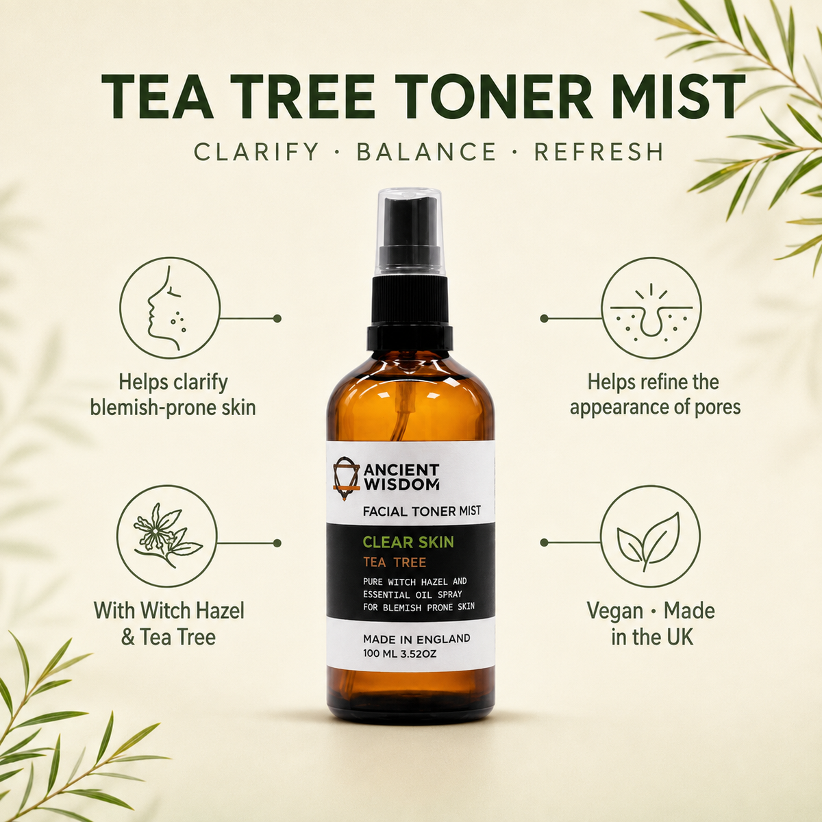 Tea Tree facial toner mist benefits infographic for blemish-prone skin with Witch Hazel