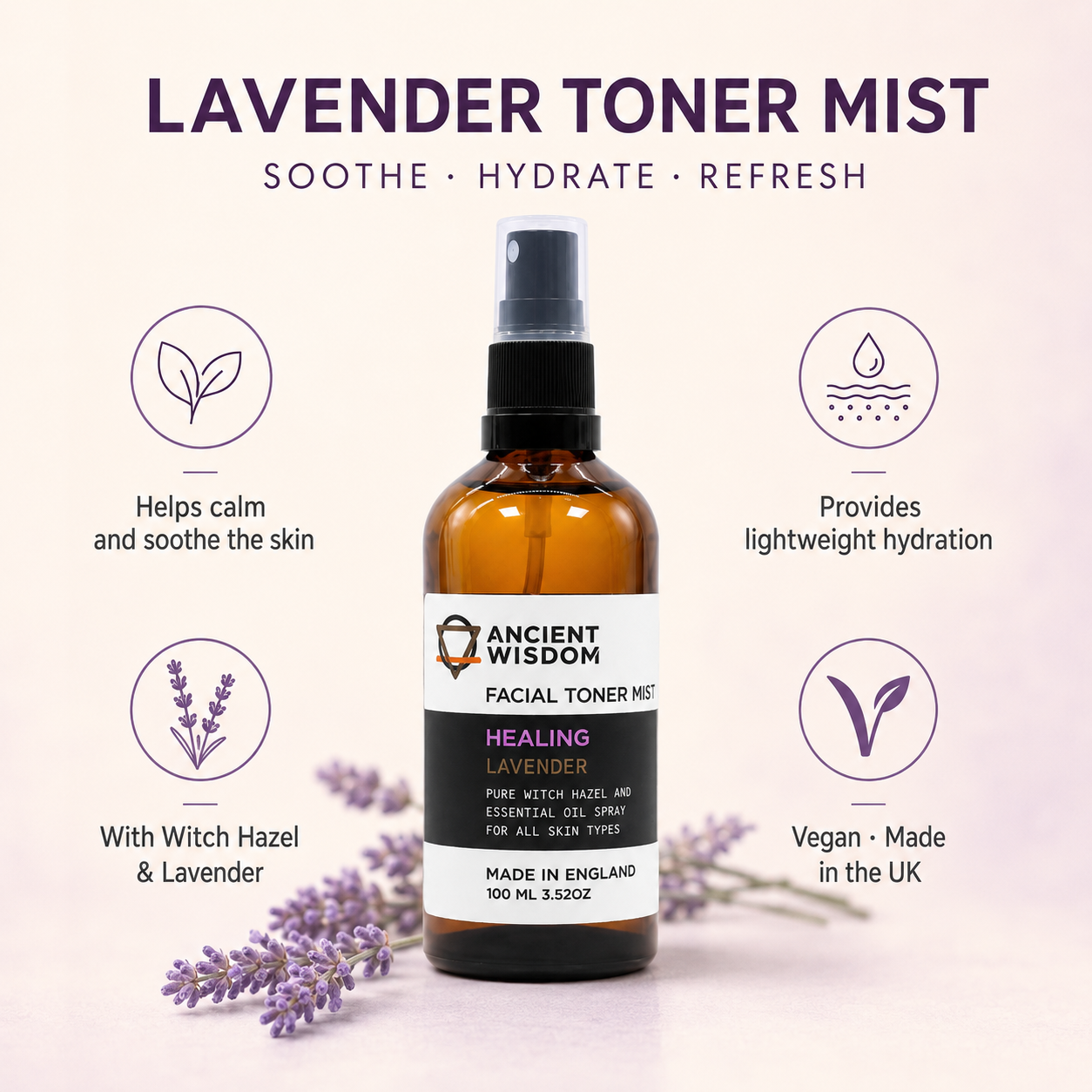 Lavender facial toner mist benefits infographic for soothing and hydrating the skin