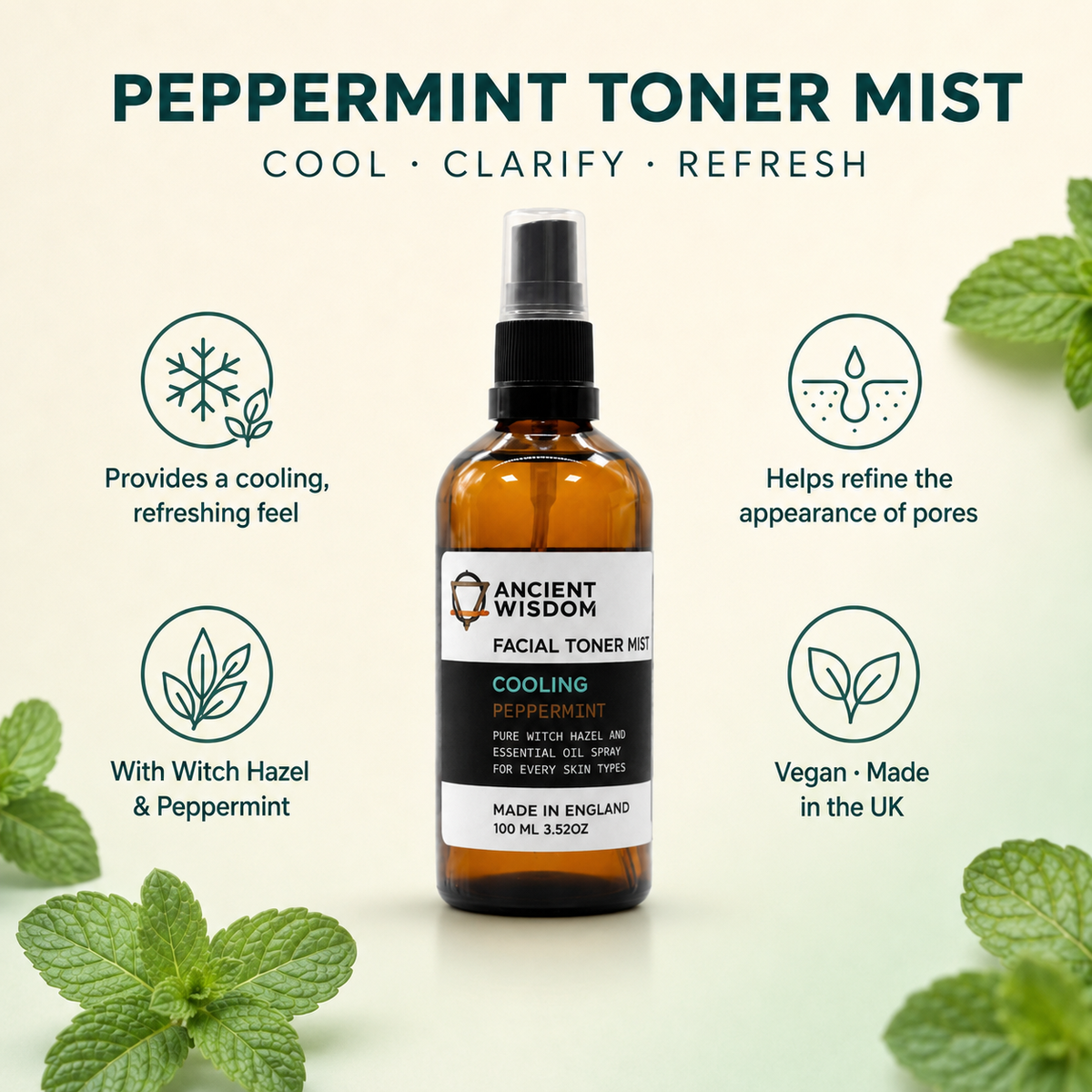 Peppermint facial toner mist benefits infographic for cooling and refreshing the skin