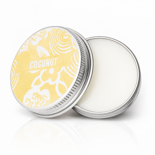 Open Coconut vegan lip balm tin with a smooth balm and matching lid
