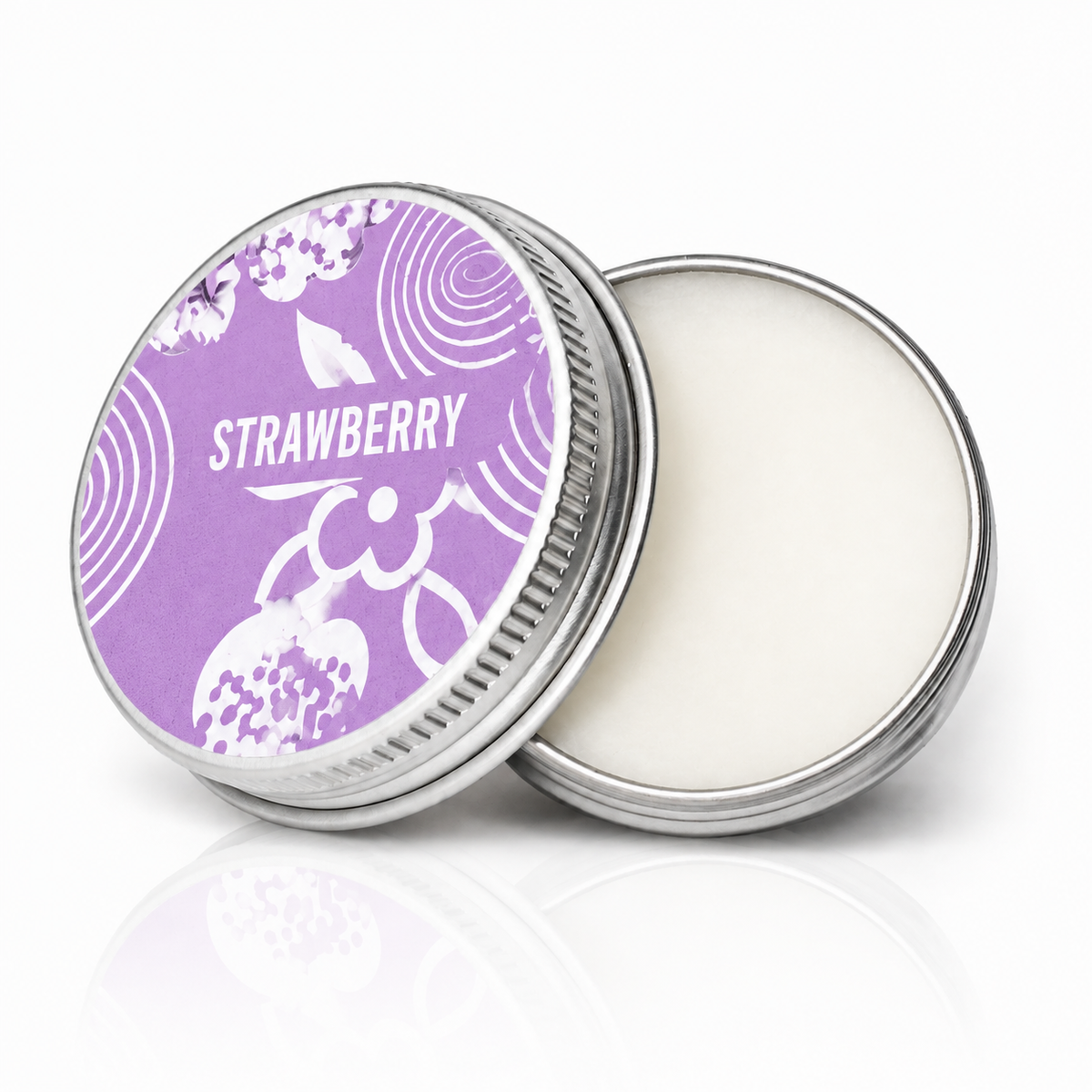 Open Strawberry vegan lip balm tin with a smooth balm and matching lid