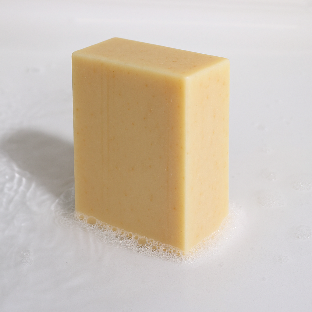 Honey & Oat Soothing Bar Soap on white foam background showing creamy texture.