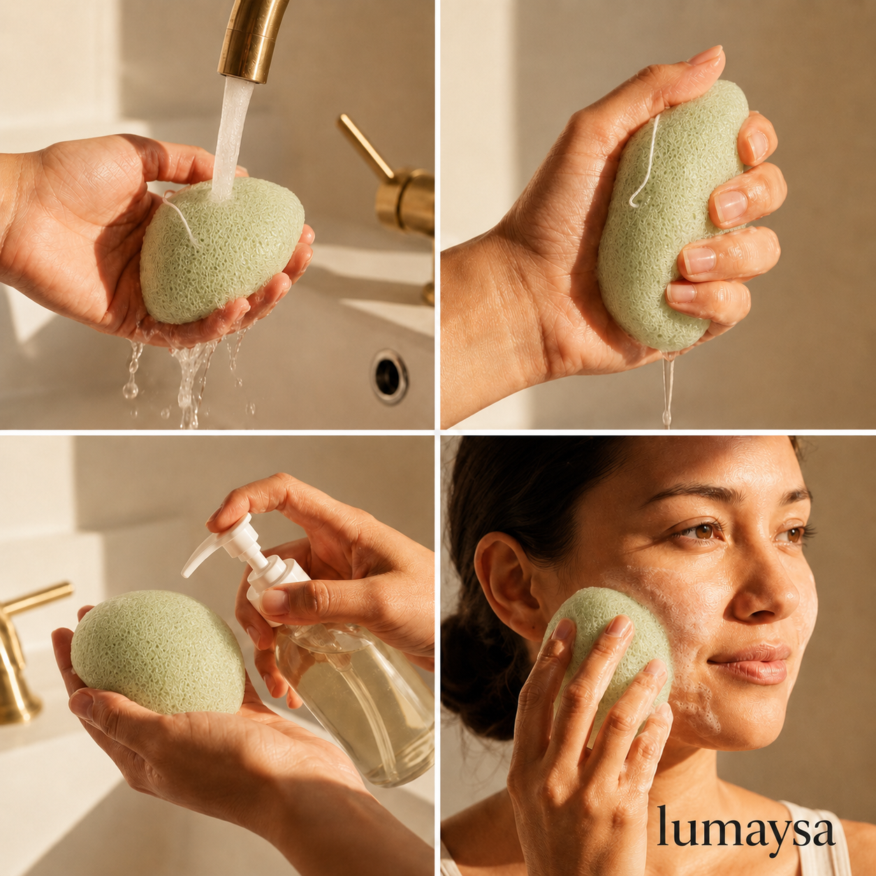 Aloe Vera Konjac facial sponge shown being soaked, squeezed and used for gentle daily face cleansing