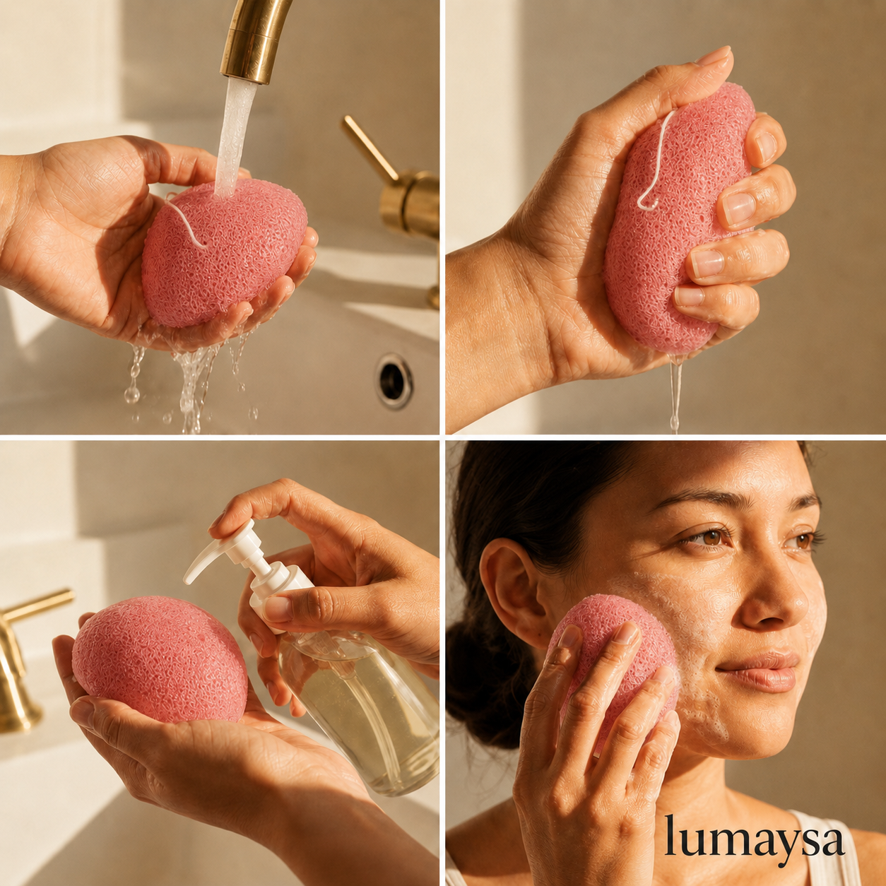 Rose konjac facial sponge shown being soaked, squeezed and used for gentle daily face cleansing