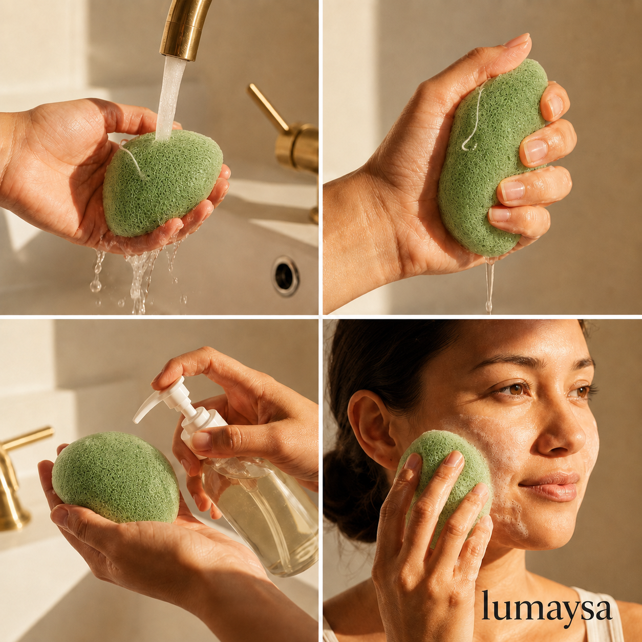 Green tea konjac facial sponge shown being soaked, squeezed and used for gentle daily face cleansing