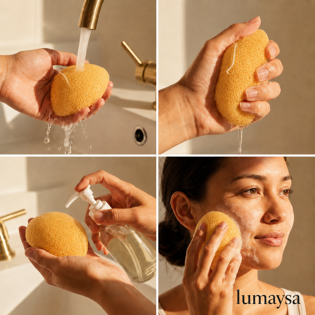 Turmeric konjac facial sponge shown being soaked, squeezed and used for gentle daily face cleansing