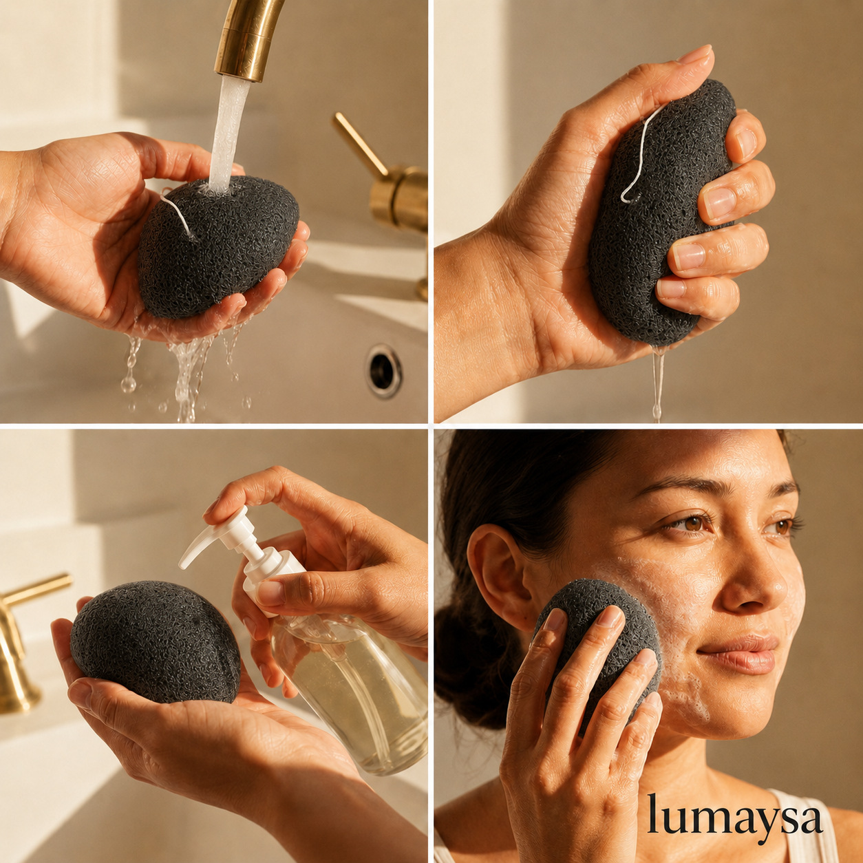 Bamboo charcoal konjac facial sponge shown being soaked, squeezed and used for gentle daily face cleansing
