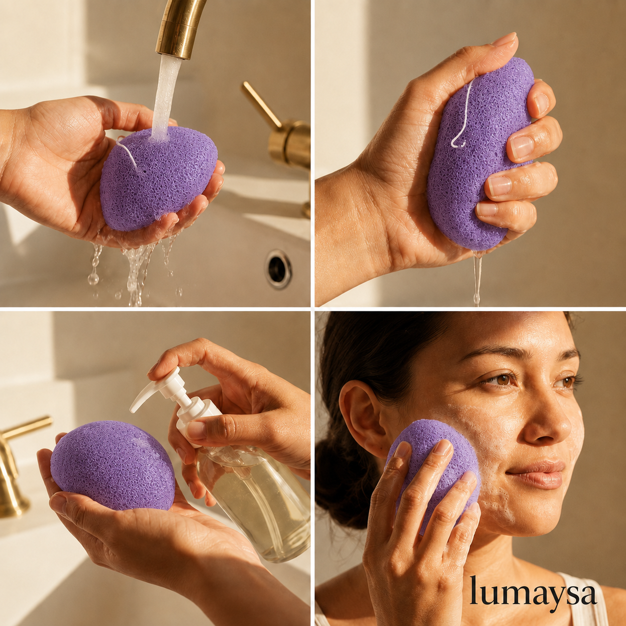 Lavender konjac facial sponge shown being soaked, squeezed and used for gentle daily face cleansing