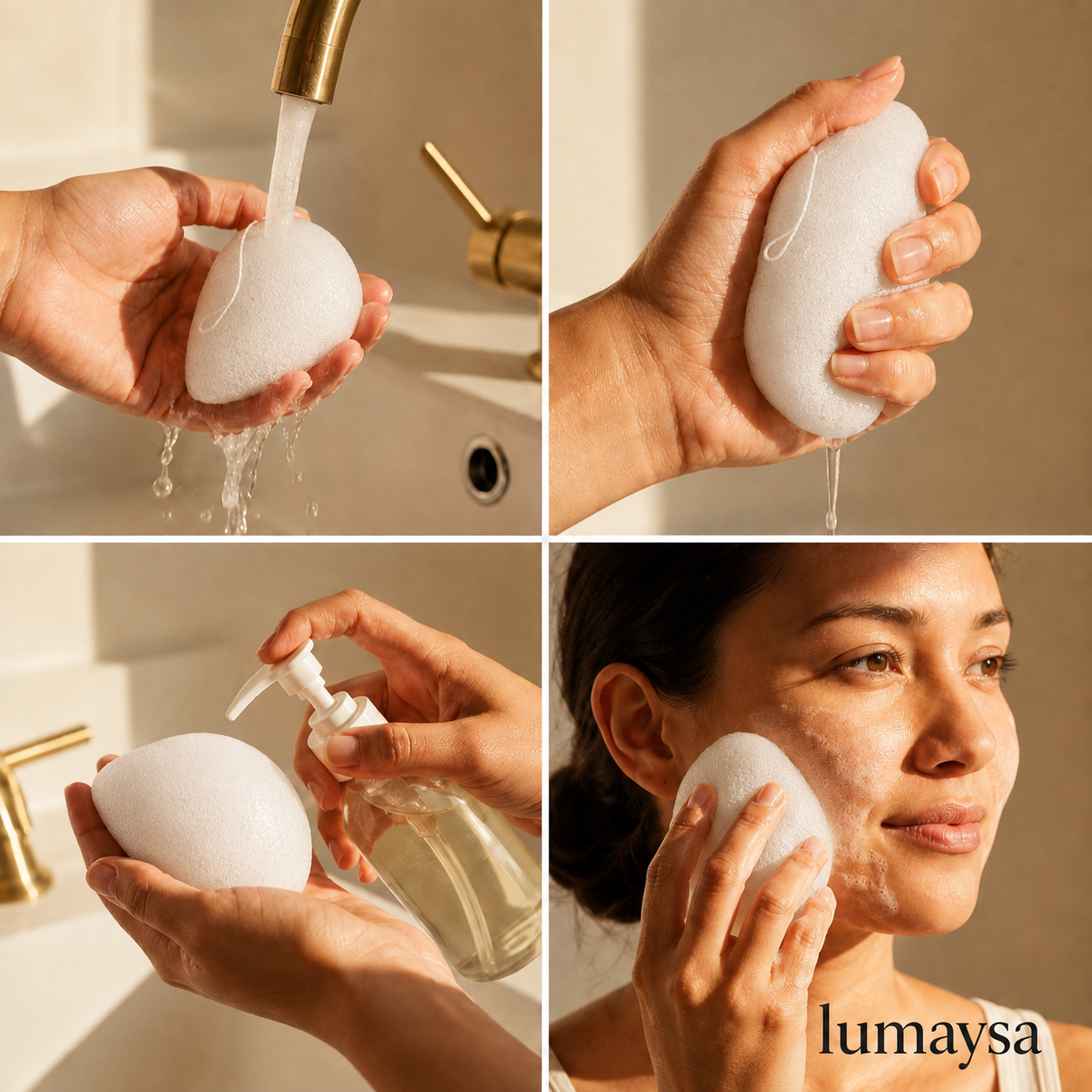 Natural konjac facial sponge for sensitive skin shown being soaked, squeezed and used for gentle daily face cleansing