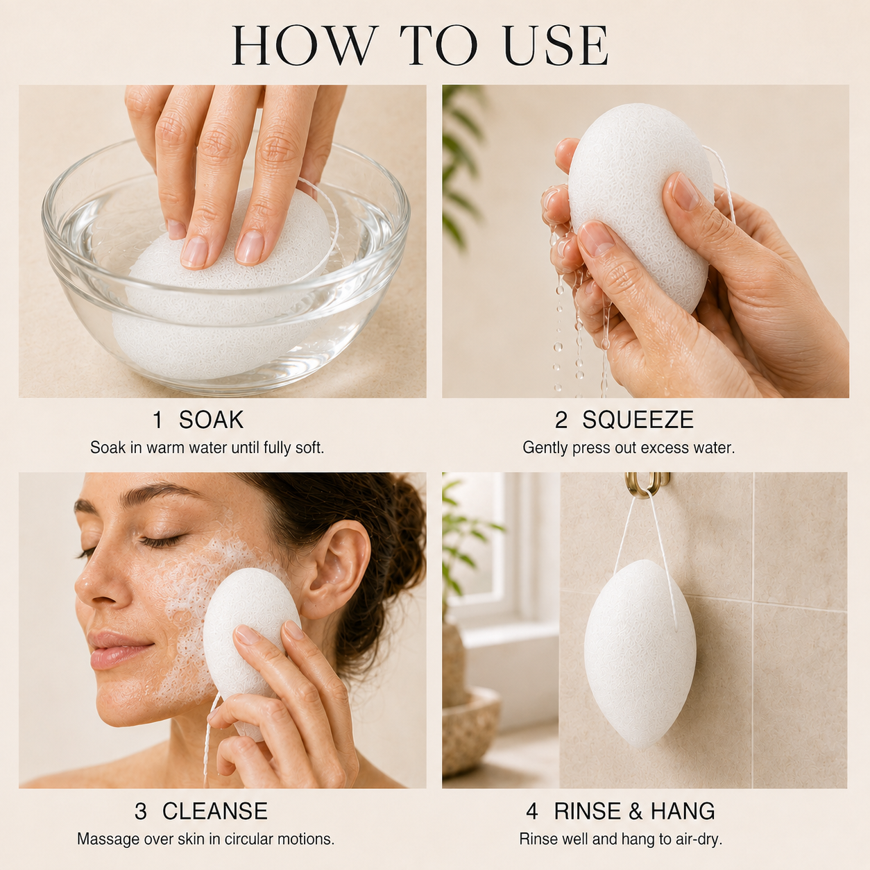 Natural konjac facial sponge for sensitive skin how-to-use guide showing soaking, squeezing, cleansing and hanging to air-dry