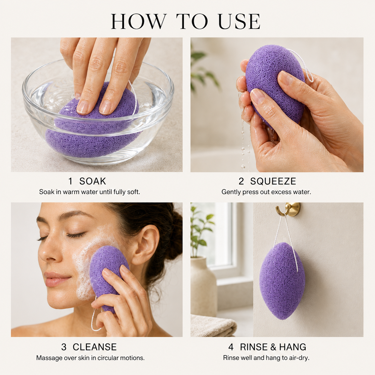 Lavender konjac facial sponge how-to-use guide showing soaking, squeezing, cleansing and hanging to air-dry