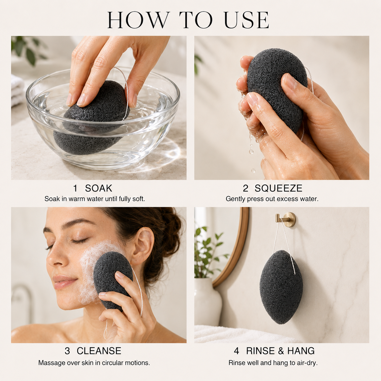 Bamboo Charcoal konjac facial sponge how-to-use guide showing soaking, squeezing, cleansing and hanging to air-dry