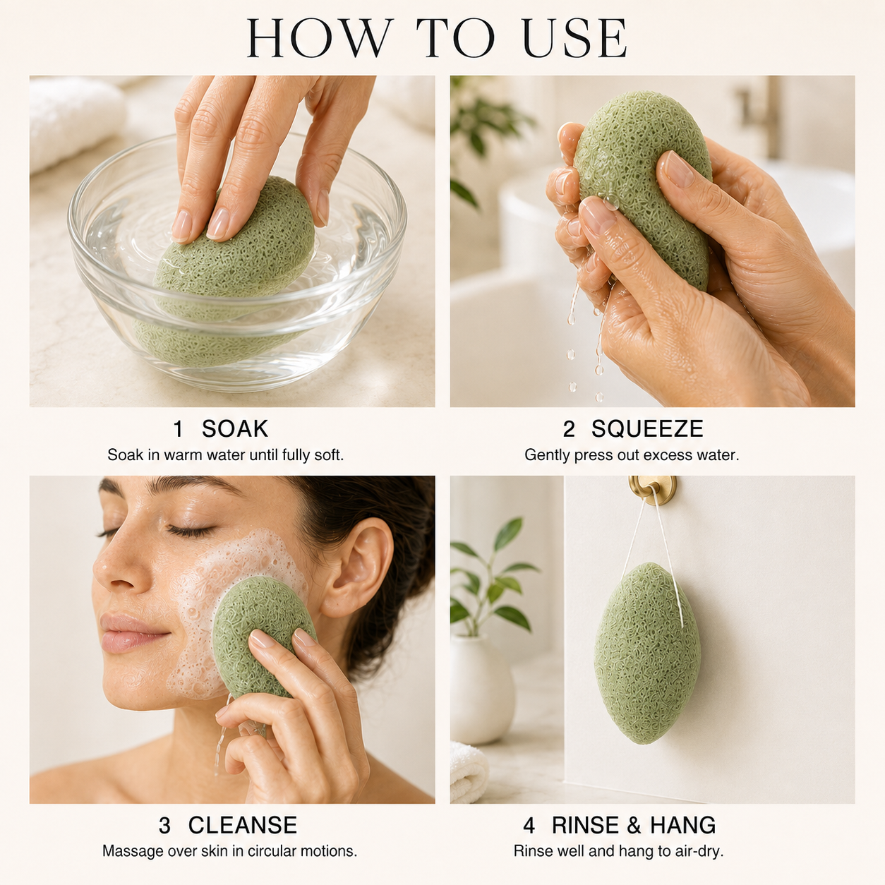 Aloe vera konjac facial sponge how-to-use guide showing soaking, squeezing, cleansing, and hanging to air-dry