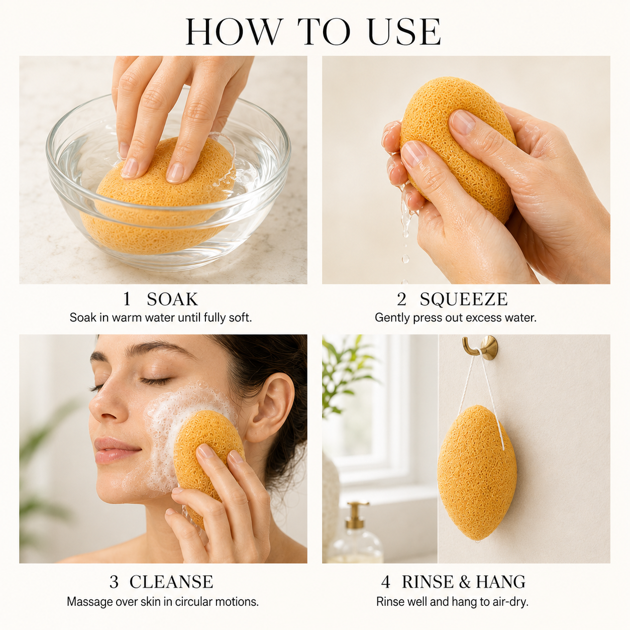 Turmeric konjac facial sponge how-to-use guide showing soaking, squeezing, cleansing and hanging to air-dry