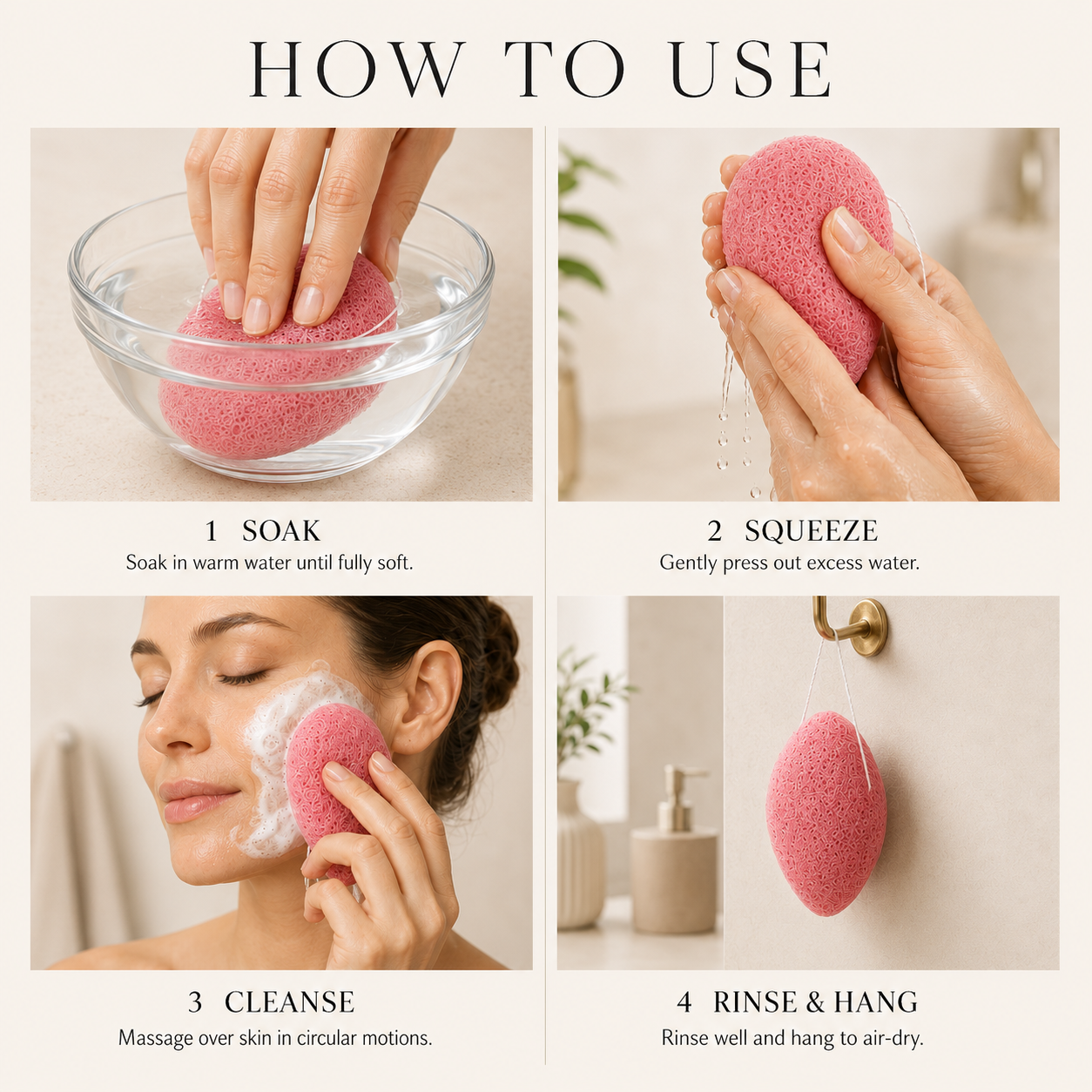 Rose Konjac Facial Sponge how-to-use guide showing soaking, squeezing, cleansing the face, and hanging to air-dry.