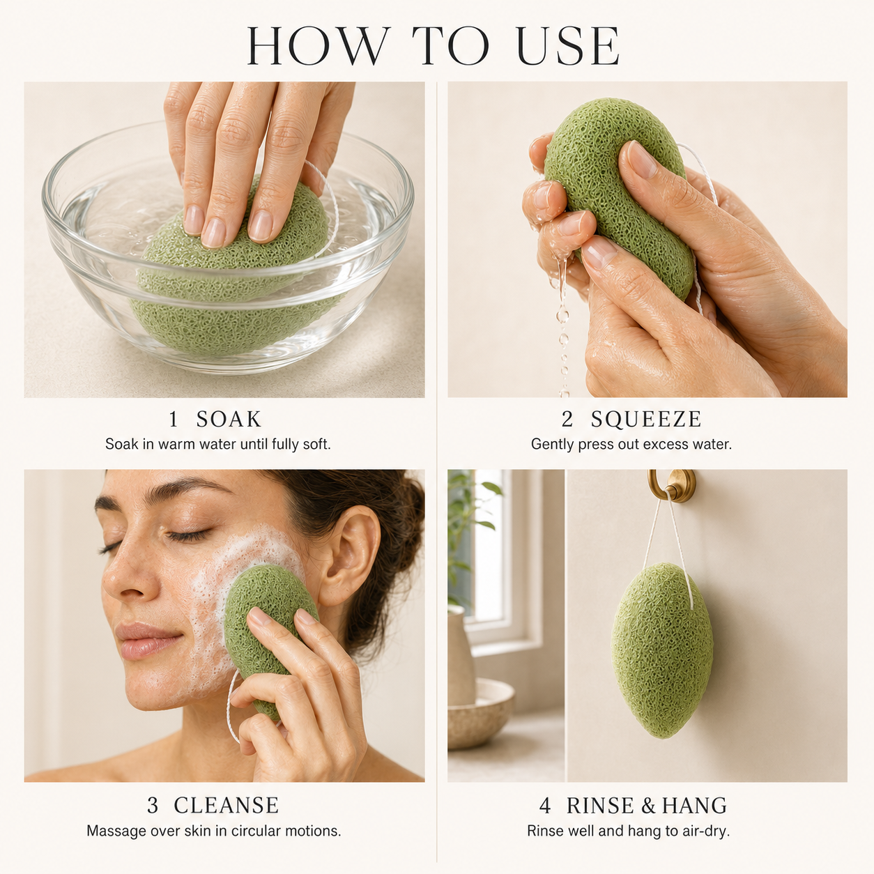 Green Tea Konjac Facial Sponge how-to-use guide showing soaking, squeezing, facial cleansing, and hanging to air-dry.