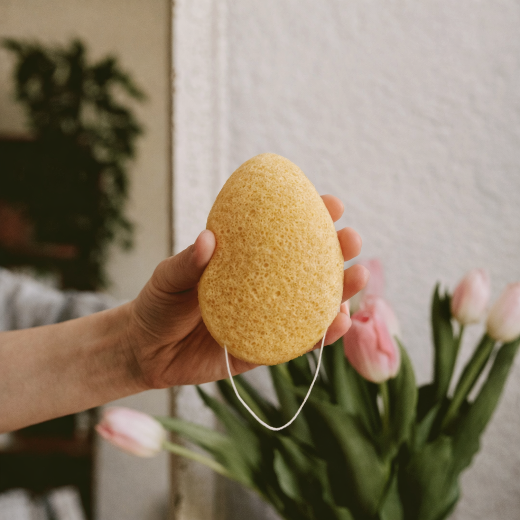 Hand holding Lumaysa Turmeric Konjac facial sponge during a natural, mindful skincare ritual