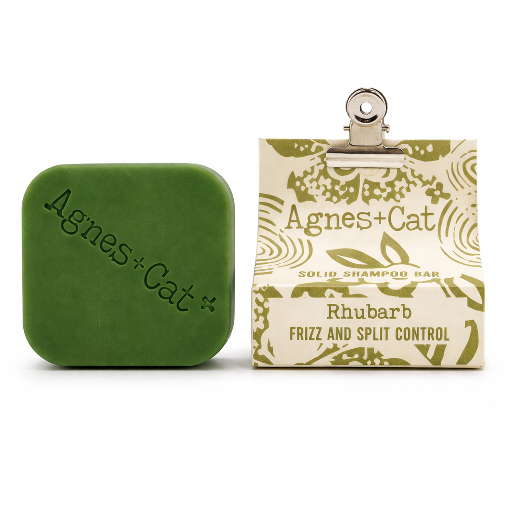 Agnes + Cat Rhubarb Solid Shampoo Bar with eco-friendly packaging – frizz and split end control, plastic-free hair care