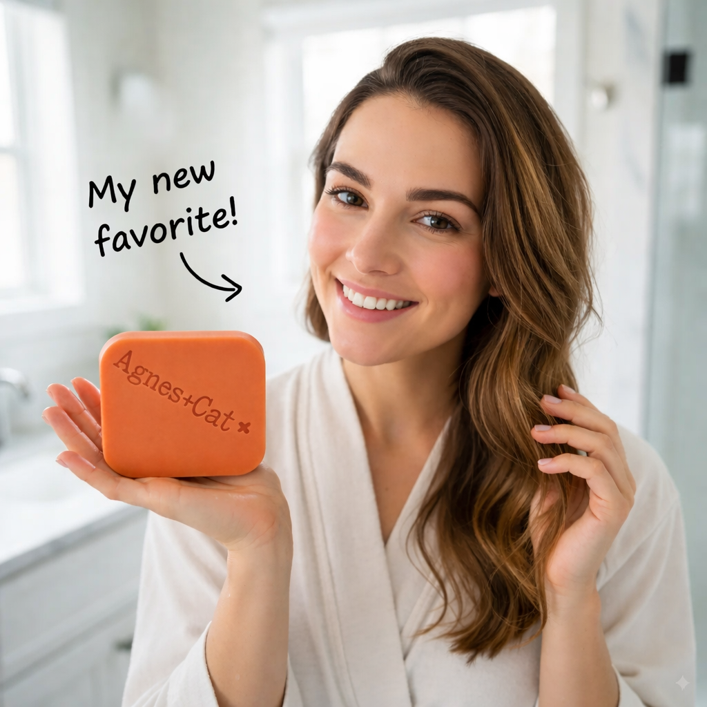 Woman holding a Lumaysa square solid shampoo bar, smiling in a calm, light-filled bathroom as part of a natural, sustainable hair care ritual.