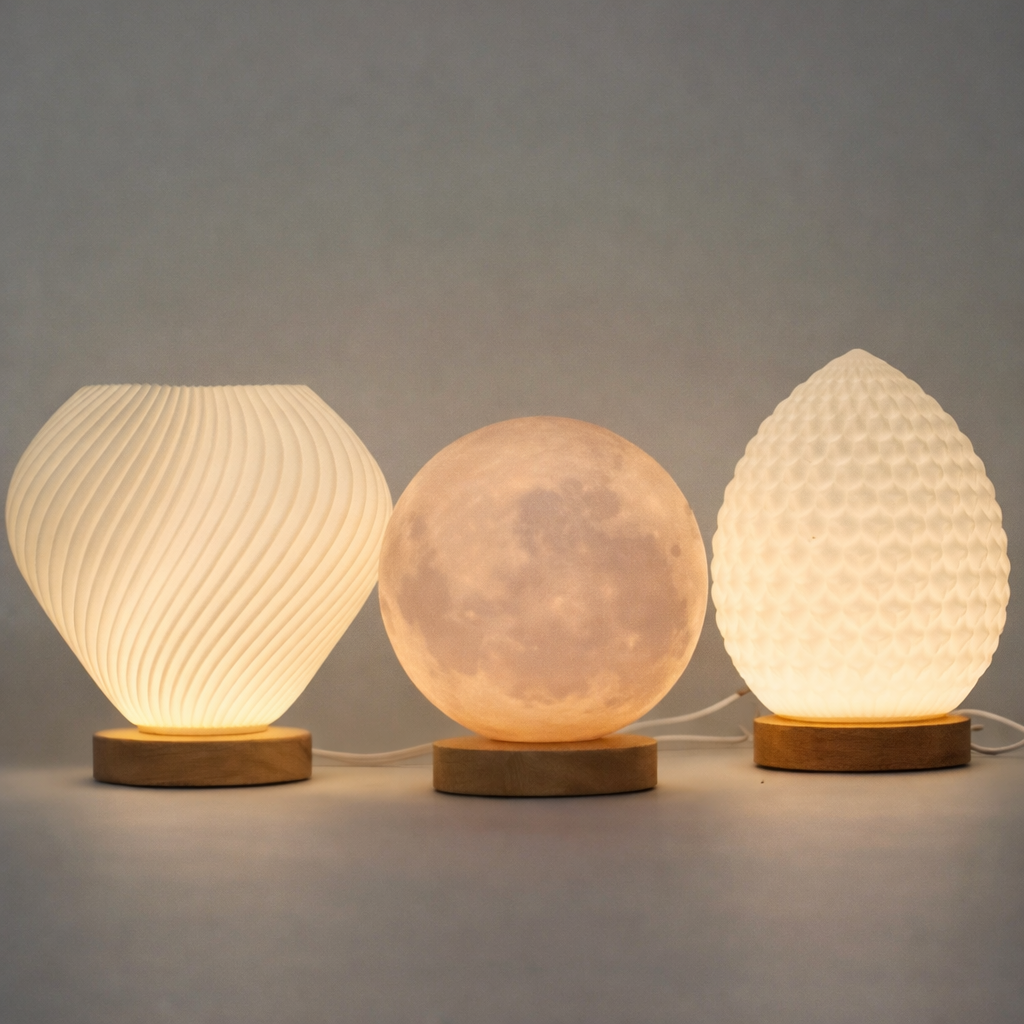 Lumaysa sculptural ambient table lamps displayed together, featuring Shell Flow, Aura Drop, and moon-inspired designs with warm atmospheric lighting