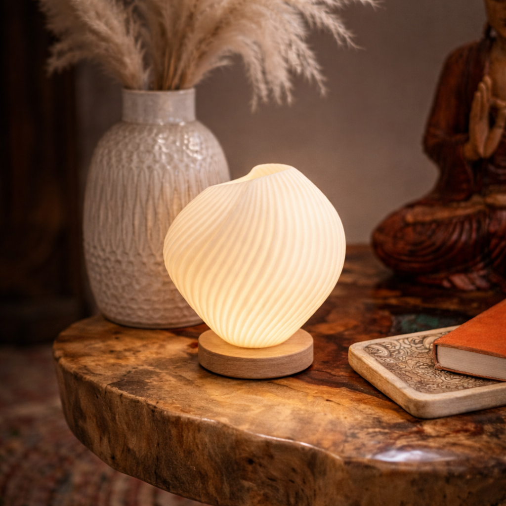 Lumaysa Shell Flow sculpted ambient table lamp placed on an elegant ceramic vase, emitting a soft warm glow in a refined, minimalist interior setting
