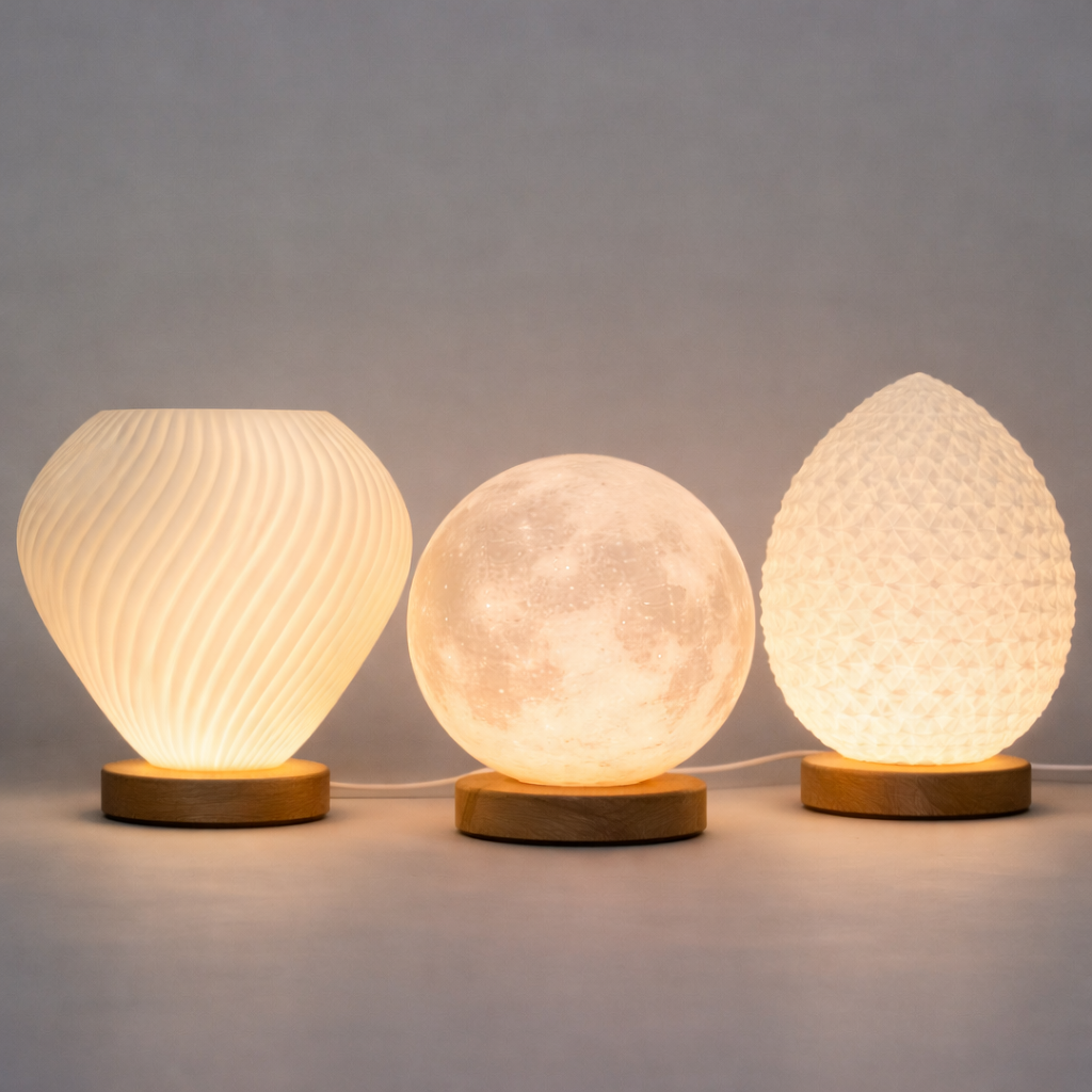 Lumaysa sculpted ambient table lamps collection featuring Shell Flow, Moon Glow, and Aura Drop designs with warm LED lighting and wooden bases.