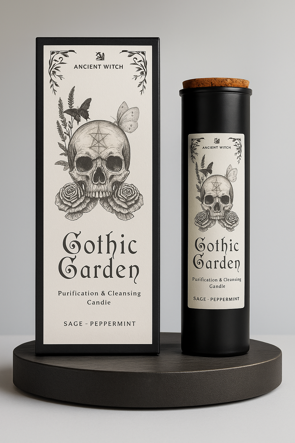Lumaysa Gothic Garden Ritual Candle in matte black tube with skull and rose gothic illustration, sage and peppermint cleansing candle on display stand