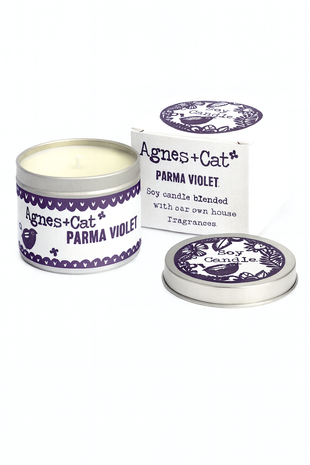 Lumaysa Violet Whisper Parma Violet soy candle in reusable tin with box on white background