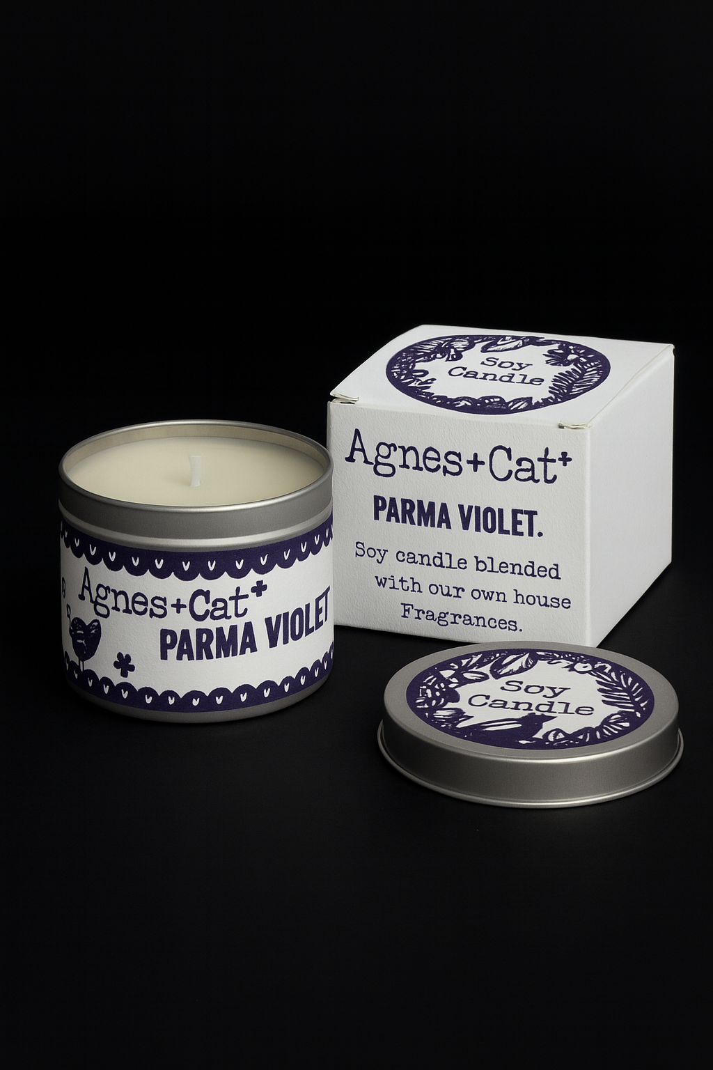 Lumaysa Violet Whisper Parma Violet soy candle tin with box on black background