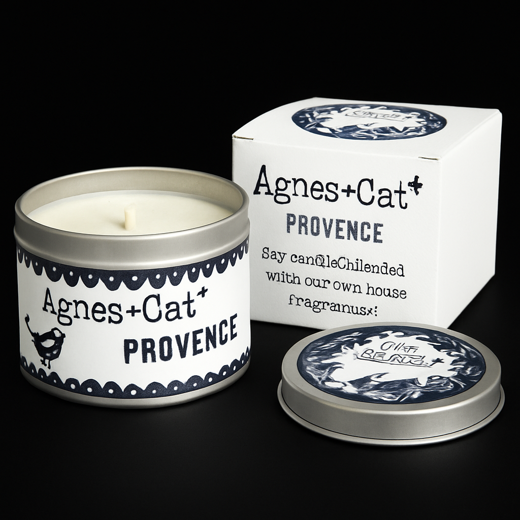Lumaysa Provence soy candle in tin with box and lid on black background, luxury product shot