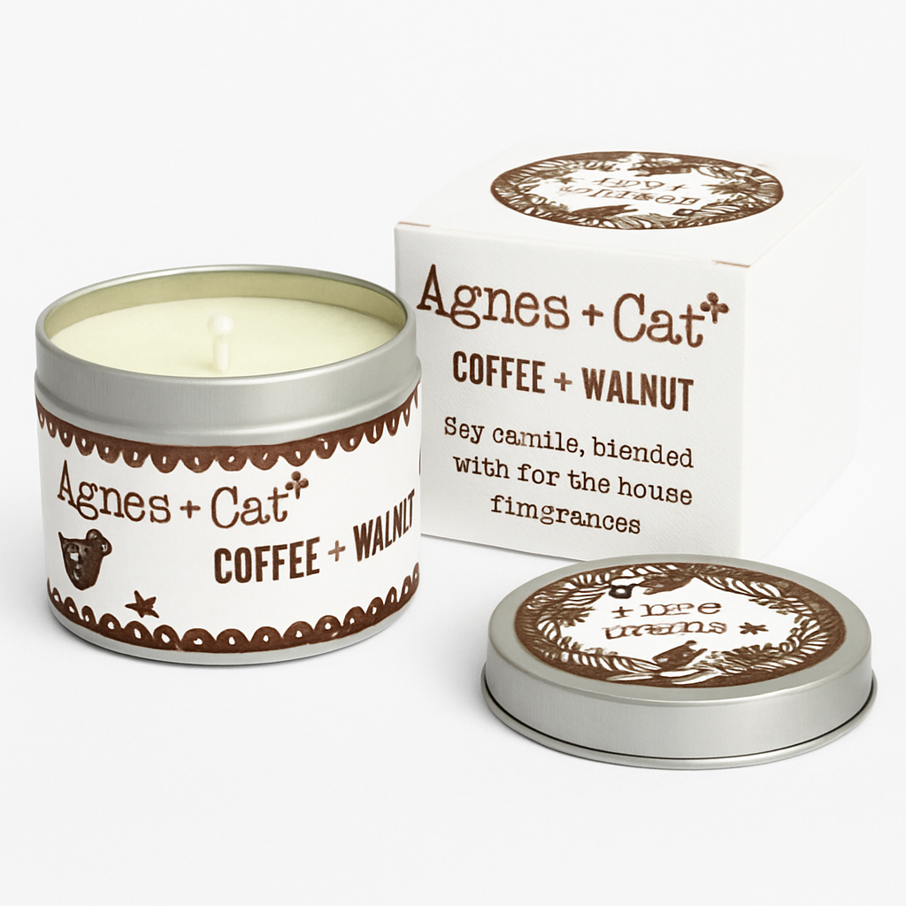 Lumaysa Coffee & Walnut soy candle in recyclable tin with matching box on white background, luxury home fragrance.