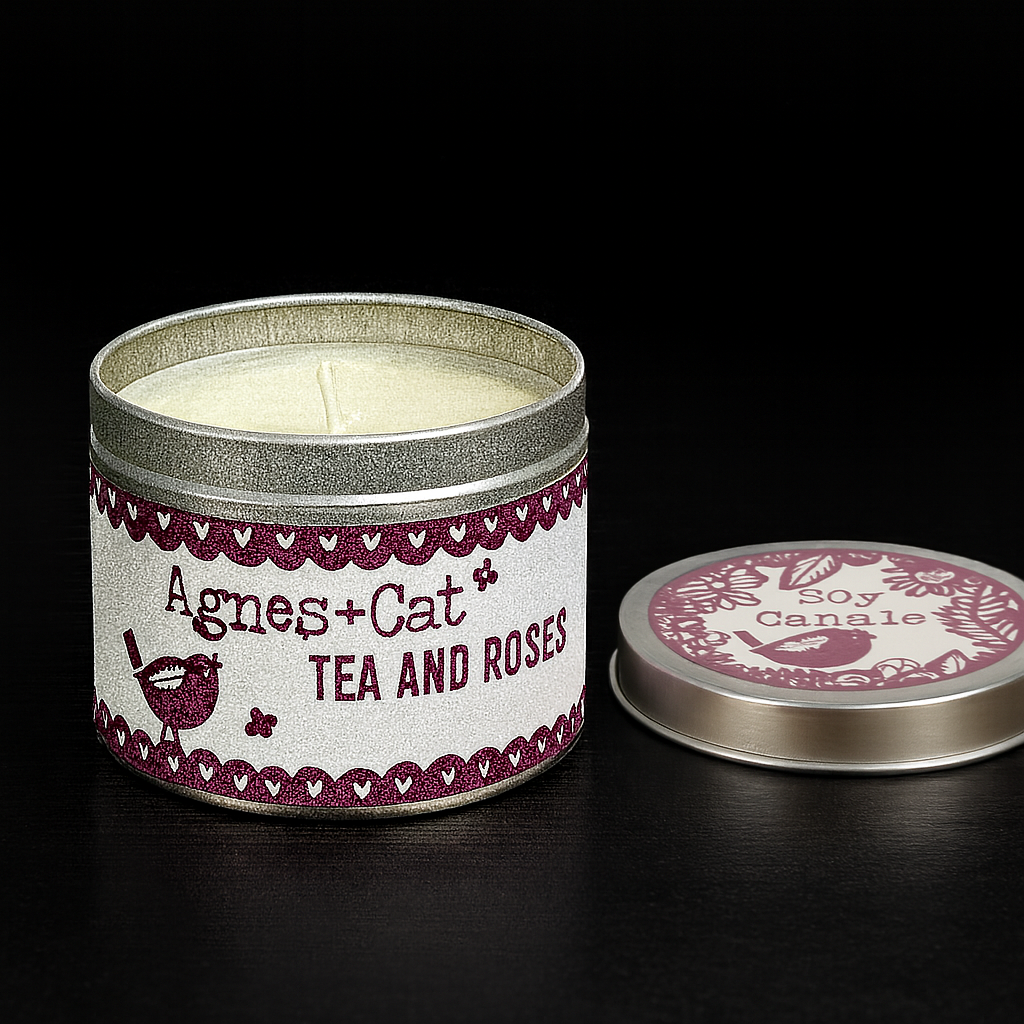 Lumaysa Tea & Roses soy candle and lid on black background, highlighting the elegant pink floral design in a luxury style