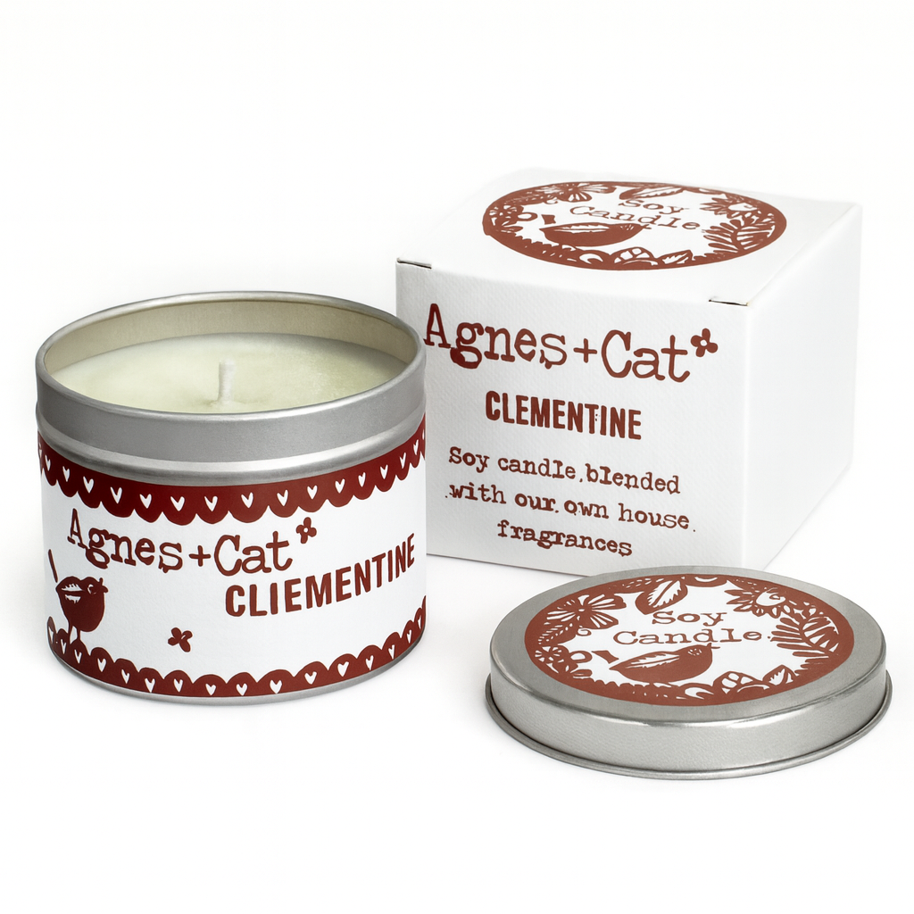 Lumaysa Clementine soy candle in silver tin with branded box and lid on white background
