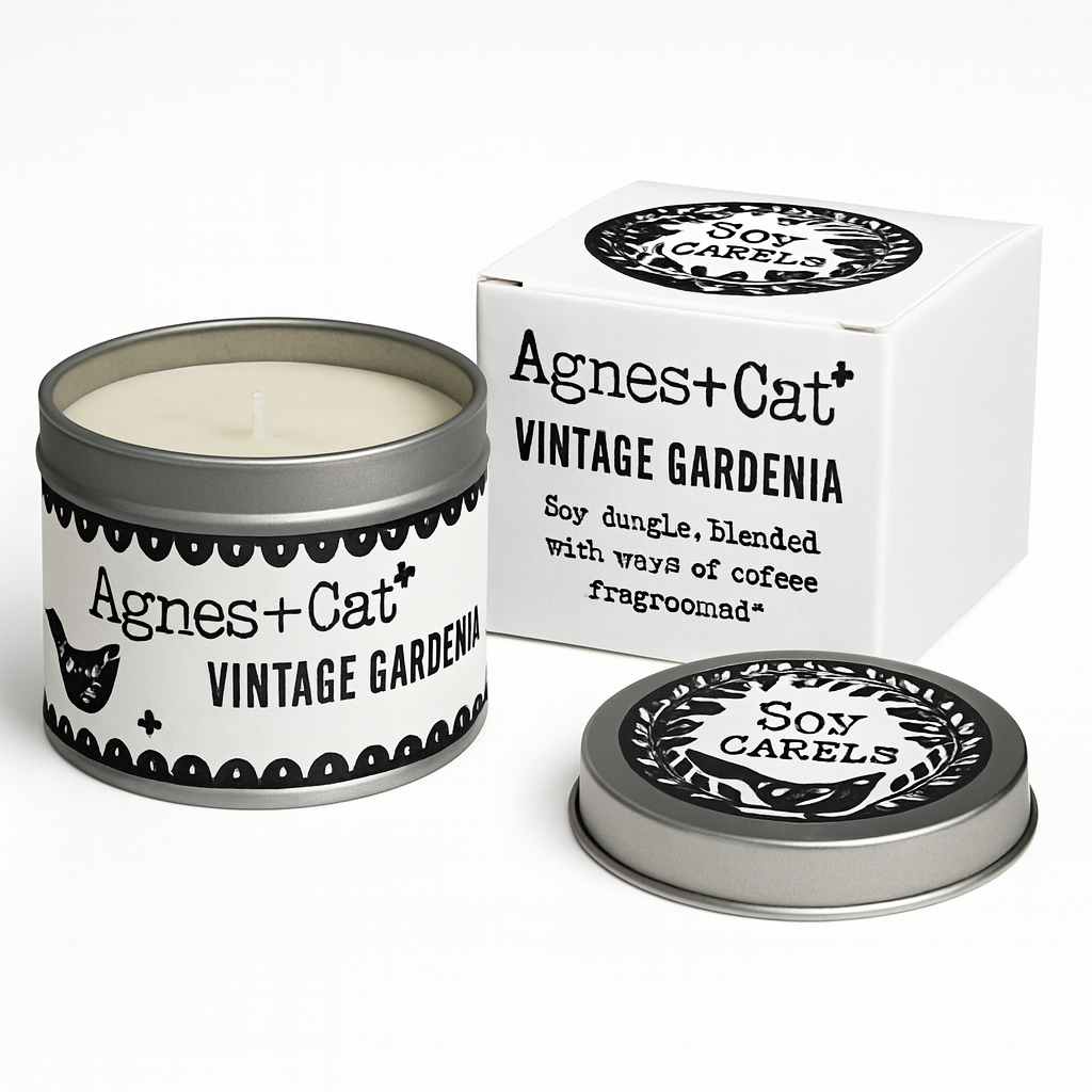 Lumaysa Vintage Gardenia Soy Candle by Agnes + Cat with box and silver tin lid on white background