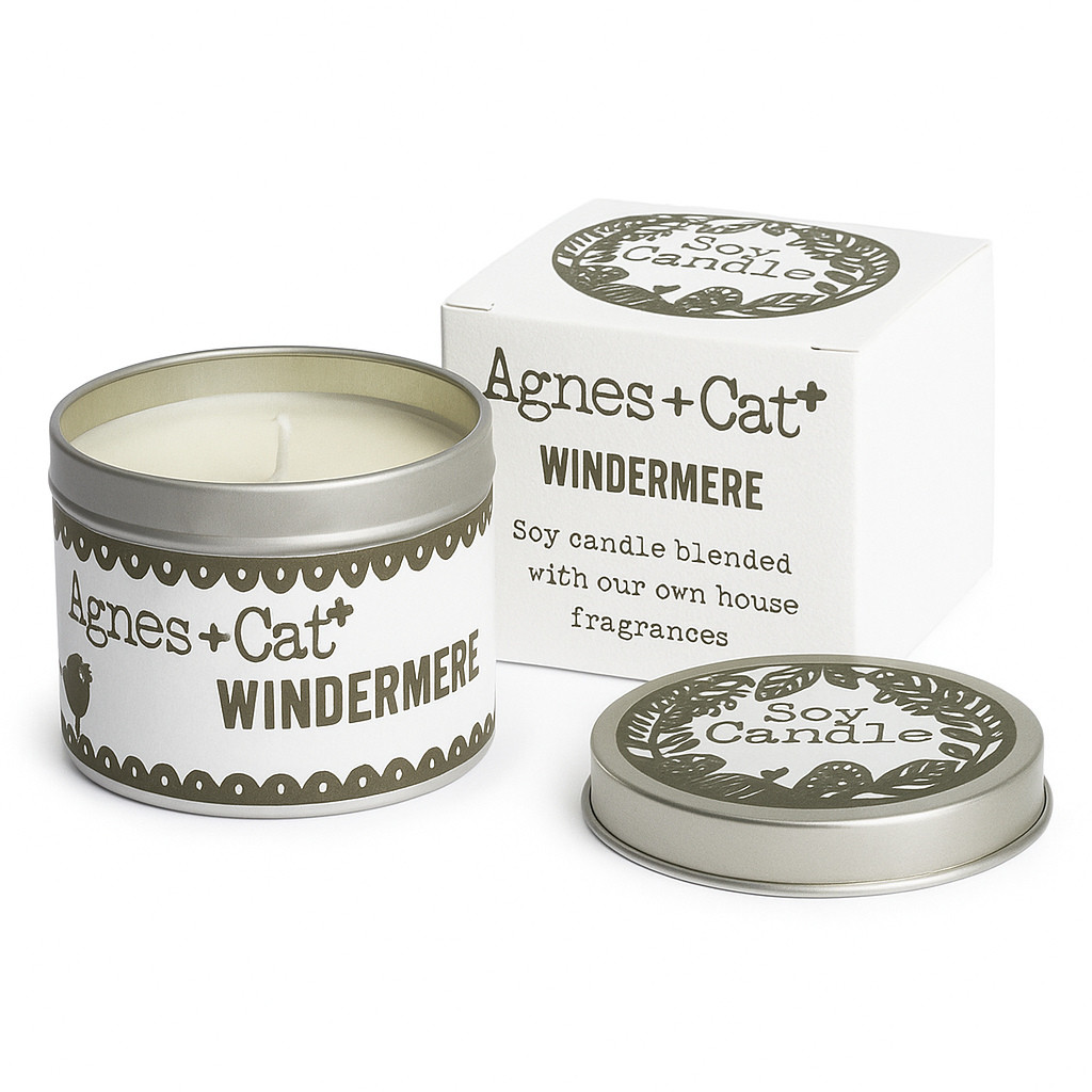 Lumaysa Windermere fresh soy candle in silver tin with matching box and lid on clean white background.