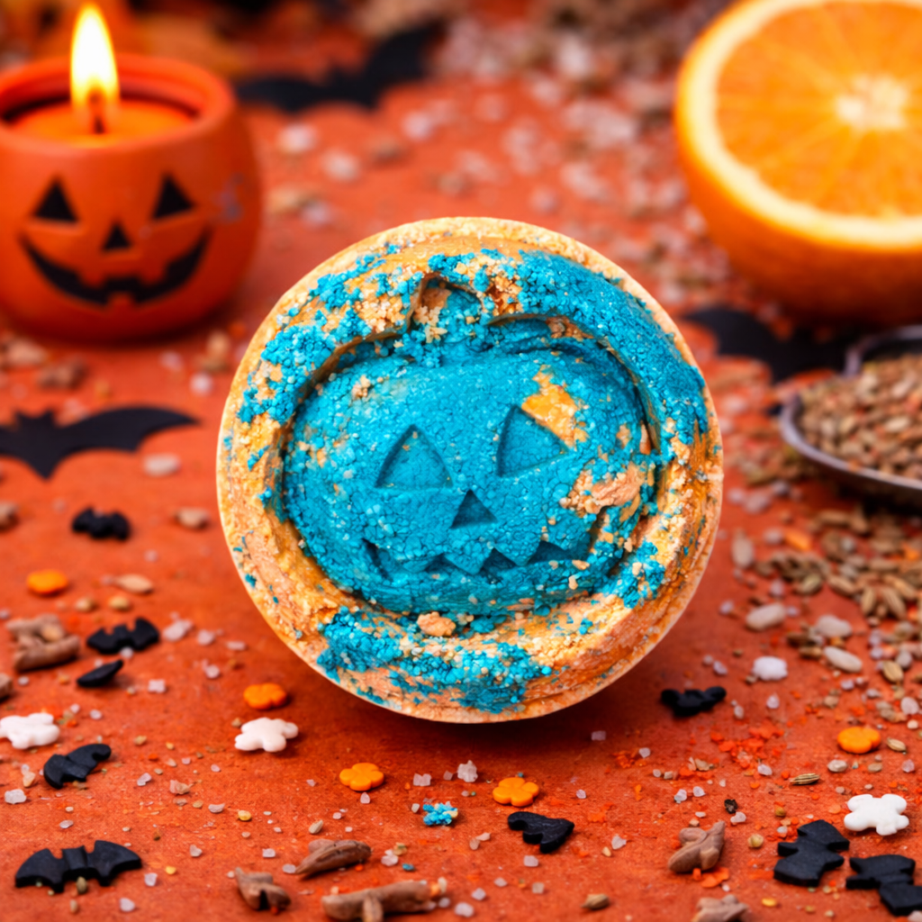 Lumaysa Wicked Zest fennel & orange Halloween bath bomb styled in a festive autumn setting with pumpkin candle and spooky details