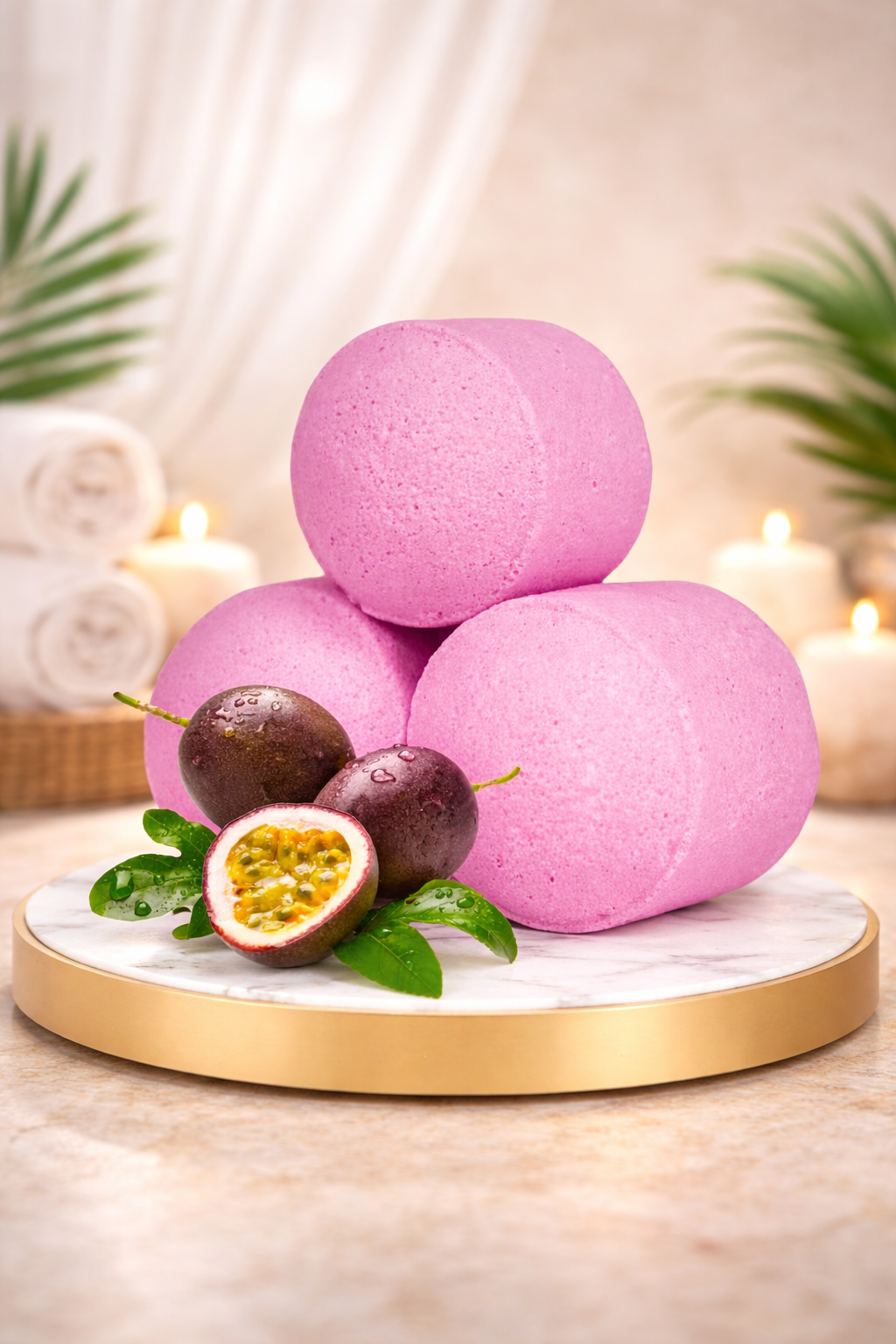 Pink passion fruit bath bomb chill pills displayed on a spa-style golden tray with tropical leaves and candles, creating a relaxing wellness atmosphere.