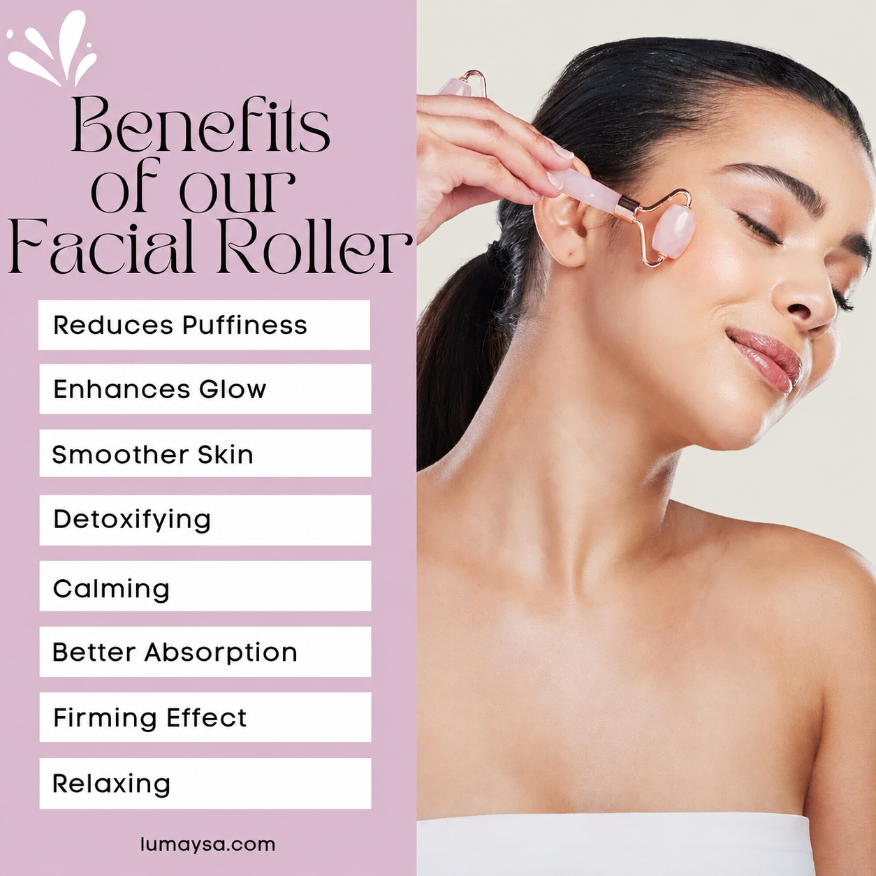 Woman using a facial roller with benefits listed on a pink background