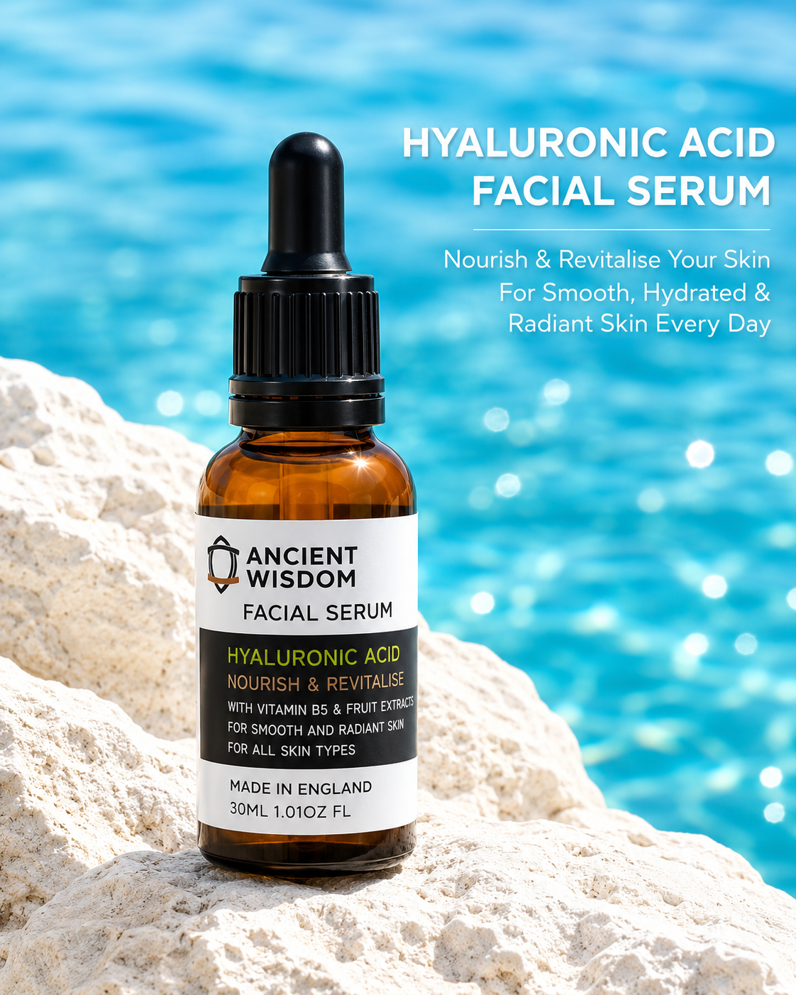 Hyaluronic acid facial serum bottle on a rocky surface with ocean background
