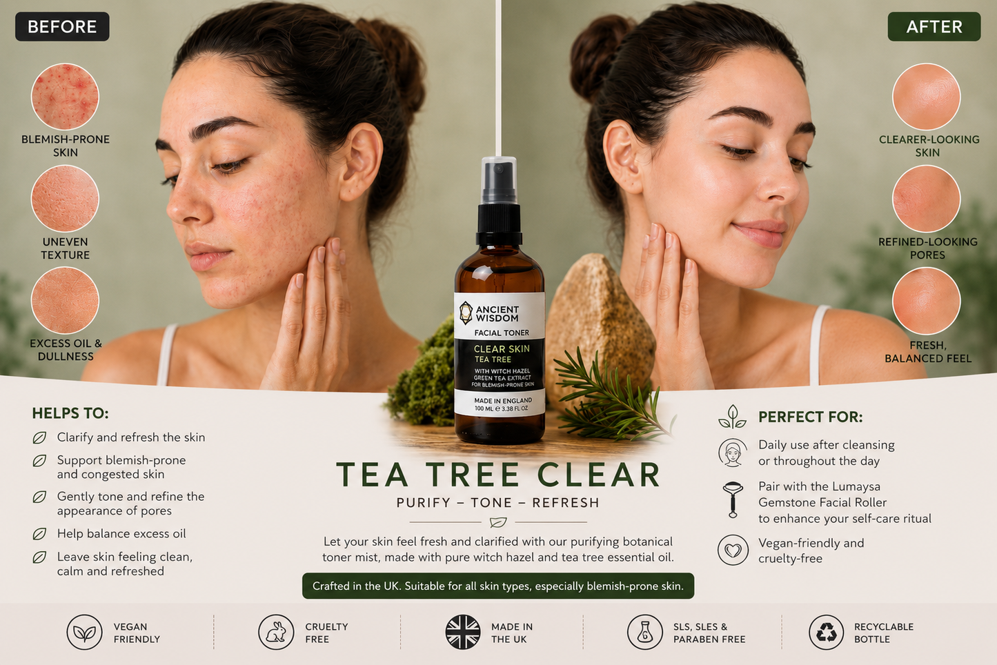 Before and after skincare comparison showing Lumaysa Tea Tree Clear Purifying Toner Mist for blemish-prone skin, with clearer-looking skin, refined-looking pores, and a fresh balanced feel.