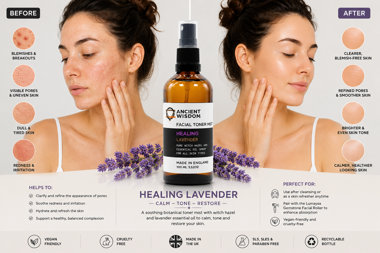 Before and after skincare with Lumaysa Lavender Calm toner for sensitive and calm-looking skin