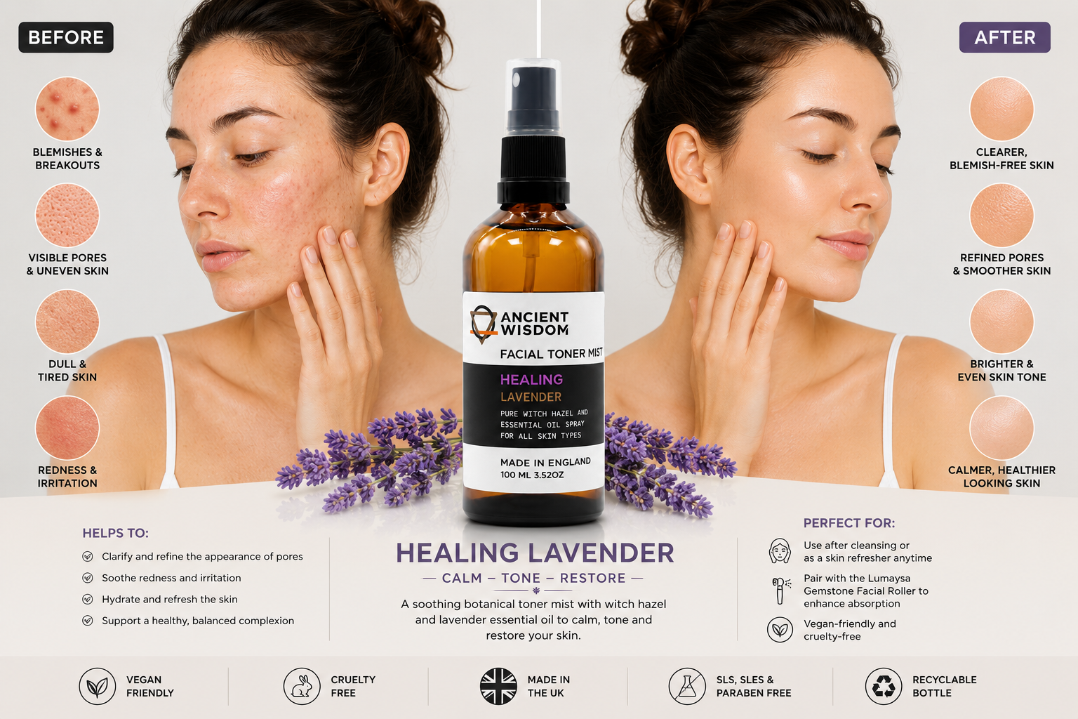 Before and after skincare with Lumaysa Lavender Calm toner for sensitive and calm-looking skin