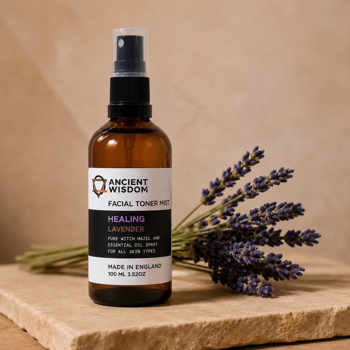 Lumaysa Lavender Calm toner mist with purple flowers and lavender botanical background
