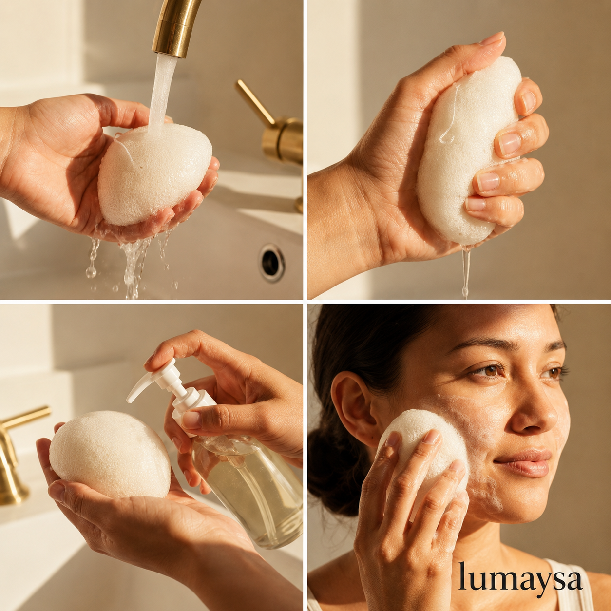 Natural Konjac sponge in hand showing soft, cloud-like texture