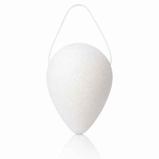 Lumaysa's natural white Konjac facial sponge with hanging string, designed for gentle cleansing of sensitive skin
