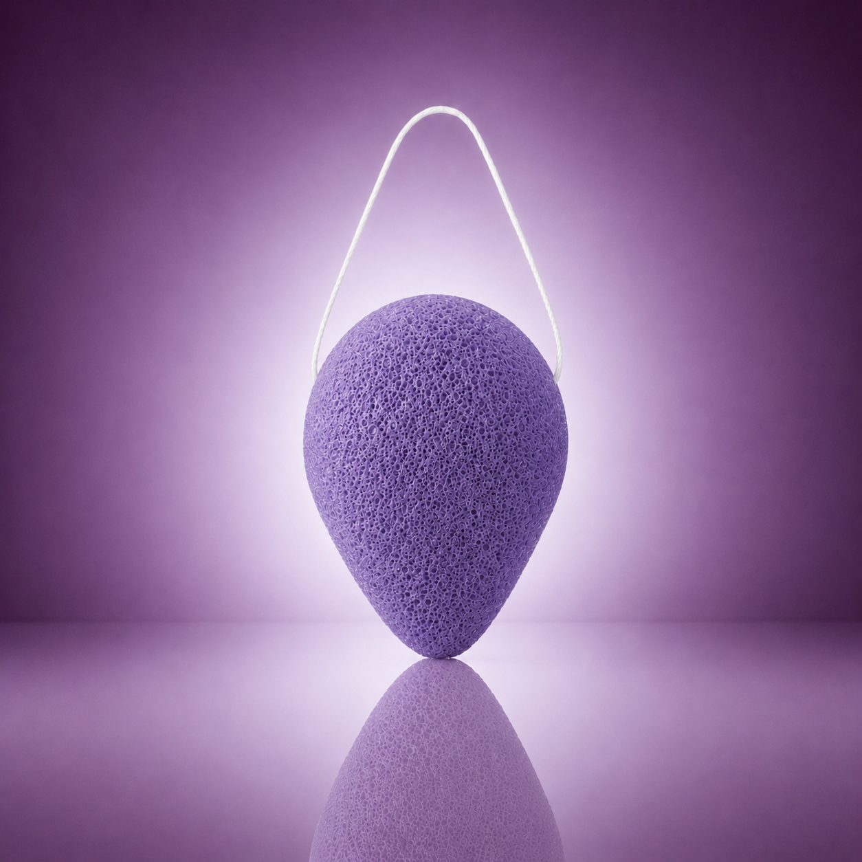 Lavender konjac facial sponge with a white hanging string on a soft purple background.